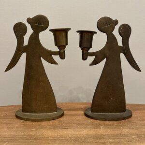 VINTAGE PAIR Solid BRASS ANGEL Taper CANDLE HOLDERS CANDLESTICKS HEAVY 7.5”